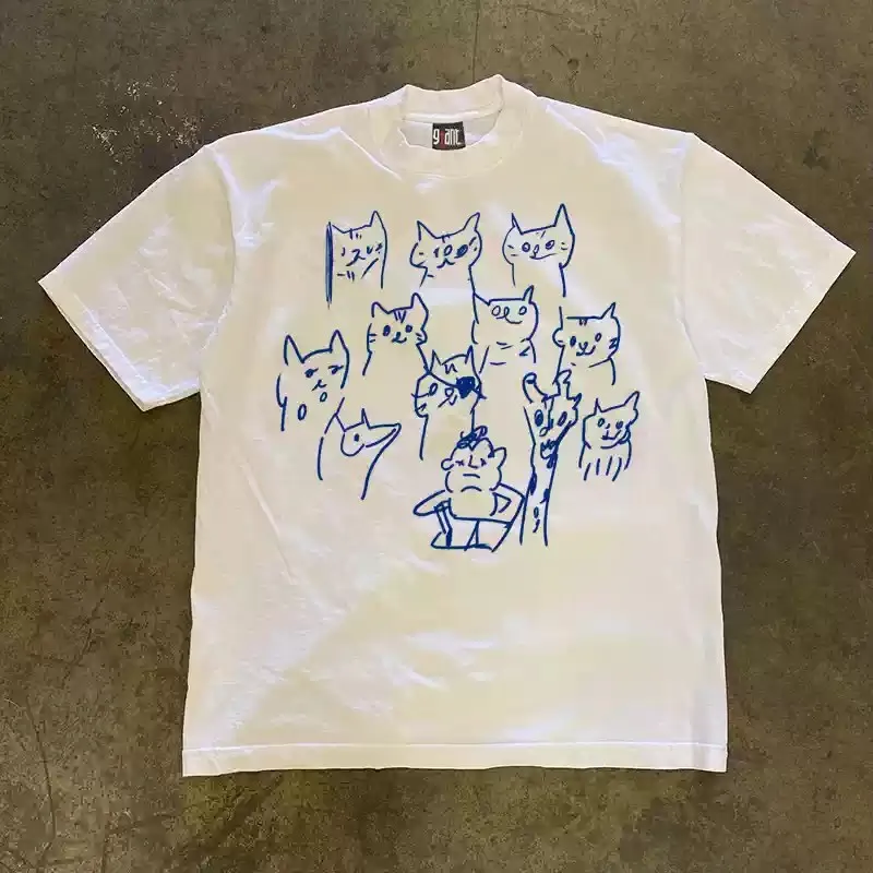 Unisex Funny Sketch Cats Graphic T‑Shirt Men Women Hand‑Drawn Doodle Kitten Art Print Tee 100% Cotton Loose Aesthetic Streetwear Short Sleeve T Shirt.