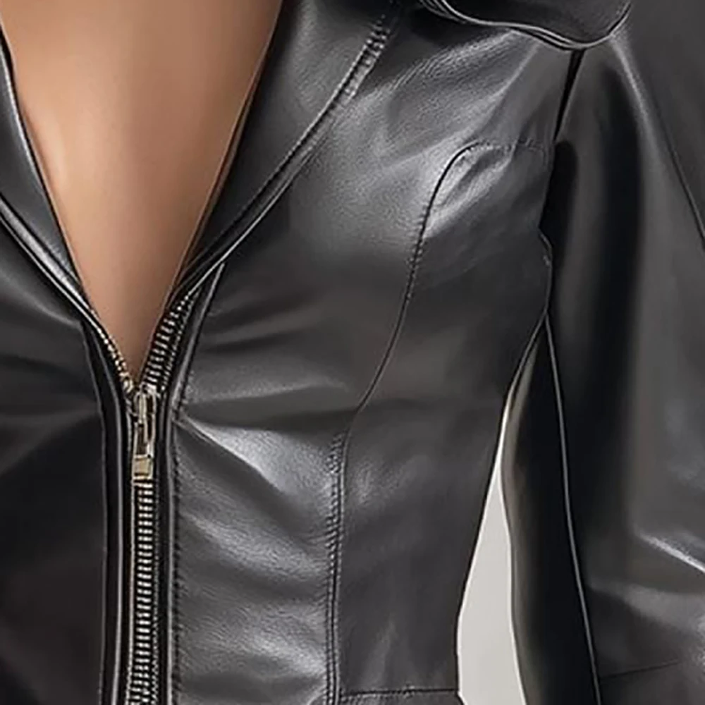 

Women Elegant 3D Flower Applique Pu Leather Jacket Black Long Sleeve Zipper Cardigan Outerwear Fall Winter Fashion Lapel Jacket