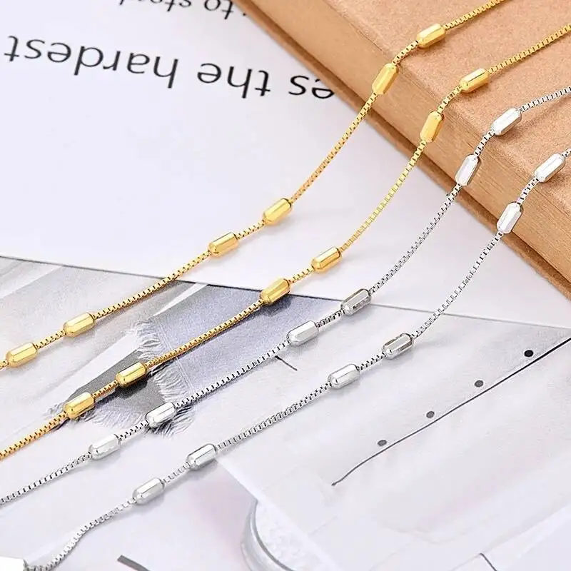 

Real 925 Silver Box Chain Octagonal Bead Rosary Necklaces For Women 0.8/2.5MM 40CM Shiny Simple Trendy Stackable Choker Necklace