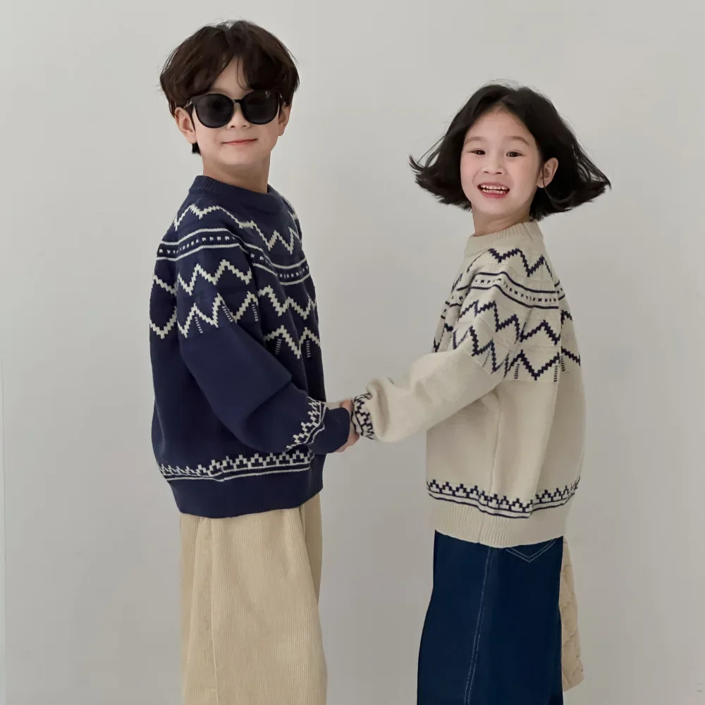 Sweater Autumn Boy Girl Korean Wave Knitting Tops Children Clothing Round Neck Causal Simple Easy Woolen Yarn 2024