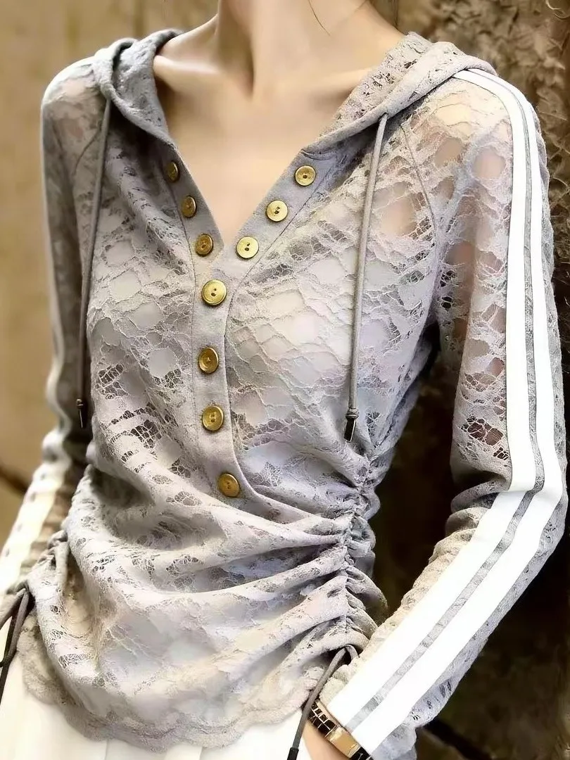 Fashionable Grey Lace Top Women's Long Sleeve Commute Slimming Shirt New Arrival Autumn Season Daily Wear V-Neck T-Shirt