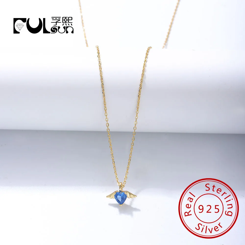 

Sterling Silver 925 Small Wing Love Heart Shape Aquamarine Blue Zircon Link Chain Charm Angel Wing Pendant choker for women