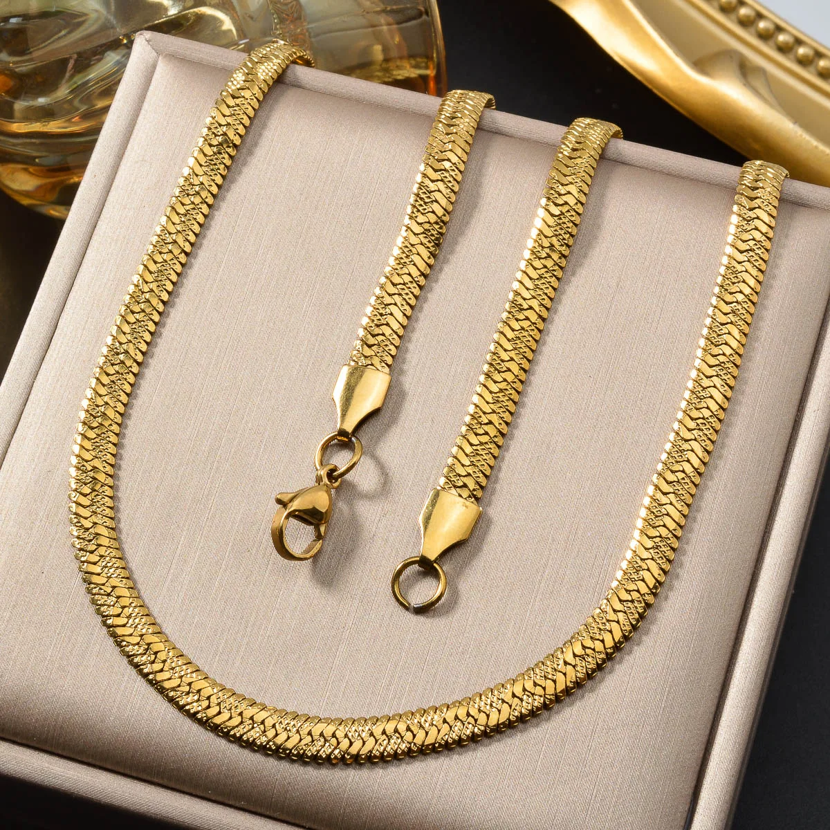 Textured Flat Snake Chain Necklace Men Stainless Steel Stackable Thin Herringbone Neck Chain Unisex Accessory Jewelry Gift