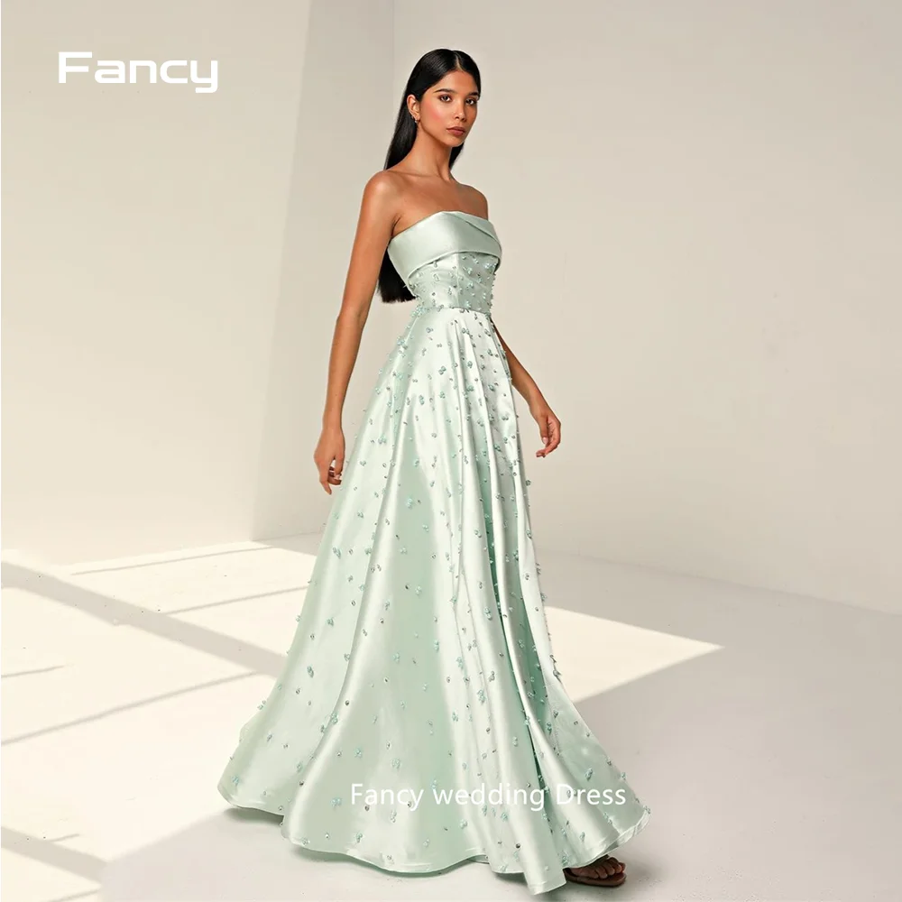 Fancy A-line Satin Strapless Sequins Ruffle Prom Gown Floor Length Evening Formal Elegant Party Dress for Women customized