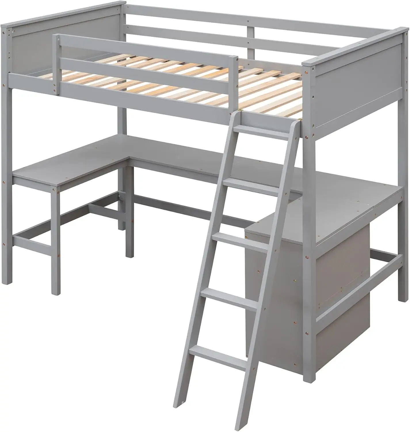 

Twin Size Loft Bed with Desk and Storage Cabinet, Solid Wood Loftbed Frame