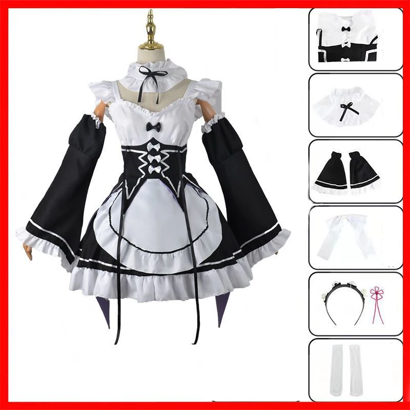 Anime Ram Rem Cosplay Re:zero Kara Hajimeru Isekai Seikatsu Black Costume Girls Maid Attire Women Apron Dress Halloween Costumes