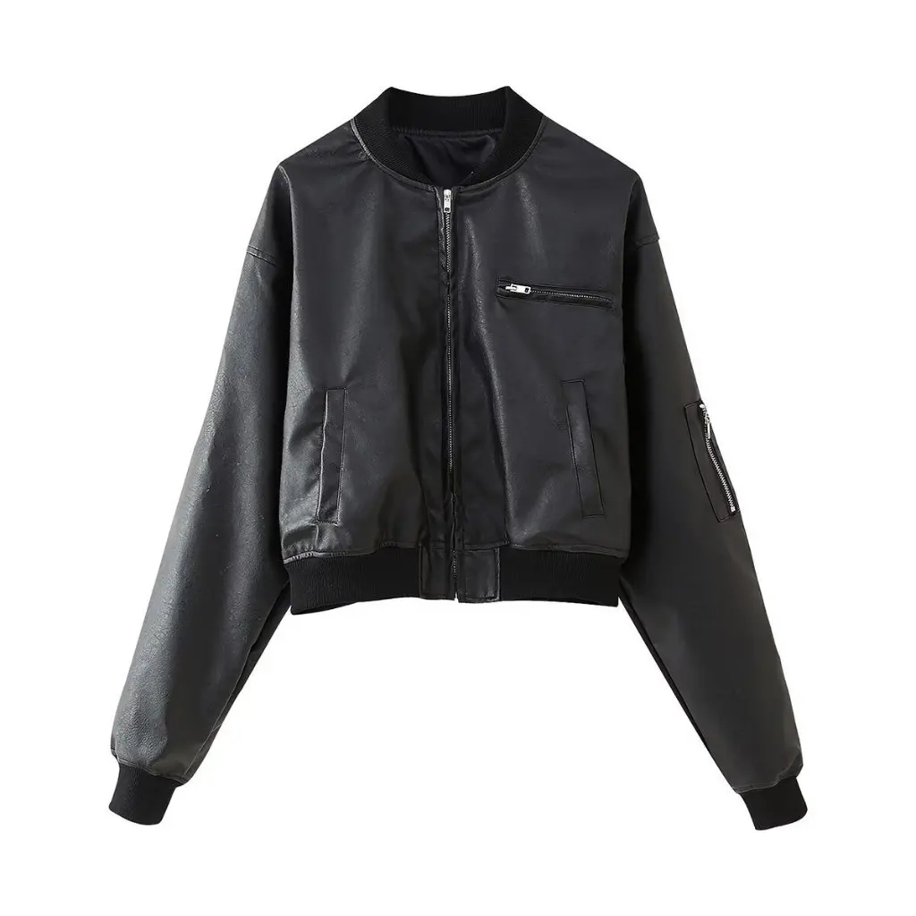 

Women's New Style Comfortable Casual Long Sleeve Zipper Leather Jacket Simple Japanese Korean Solid Color Stitching Collar