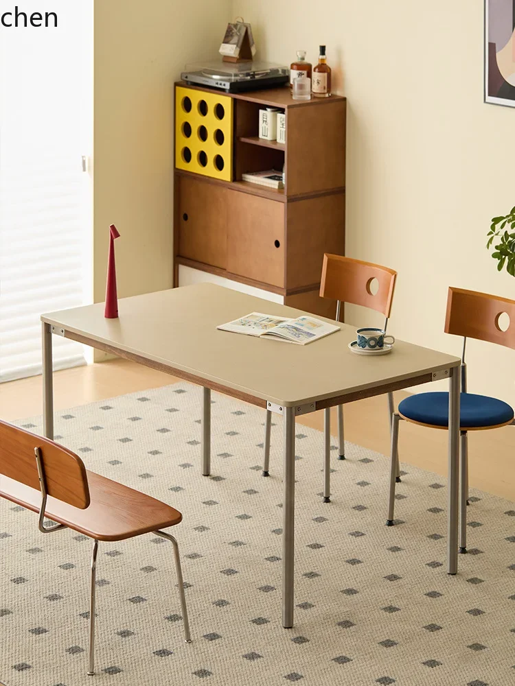 ZML Household Dining Table Matte Stainless Steel Solid Wood Rectangular Dining Table and Chair Set
