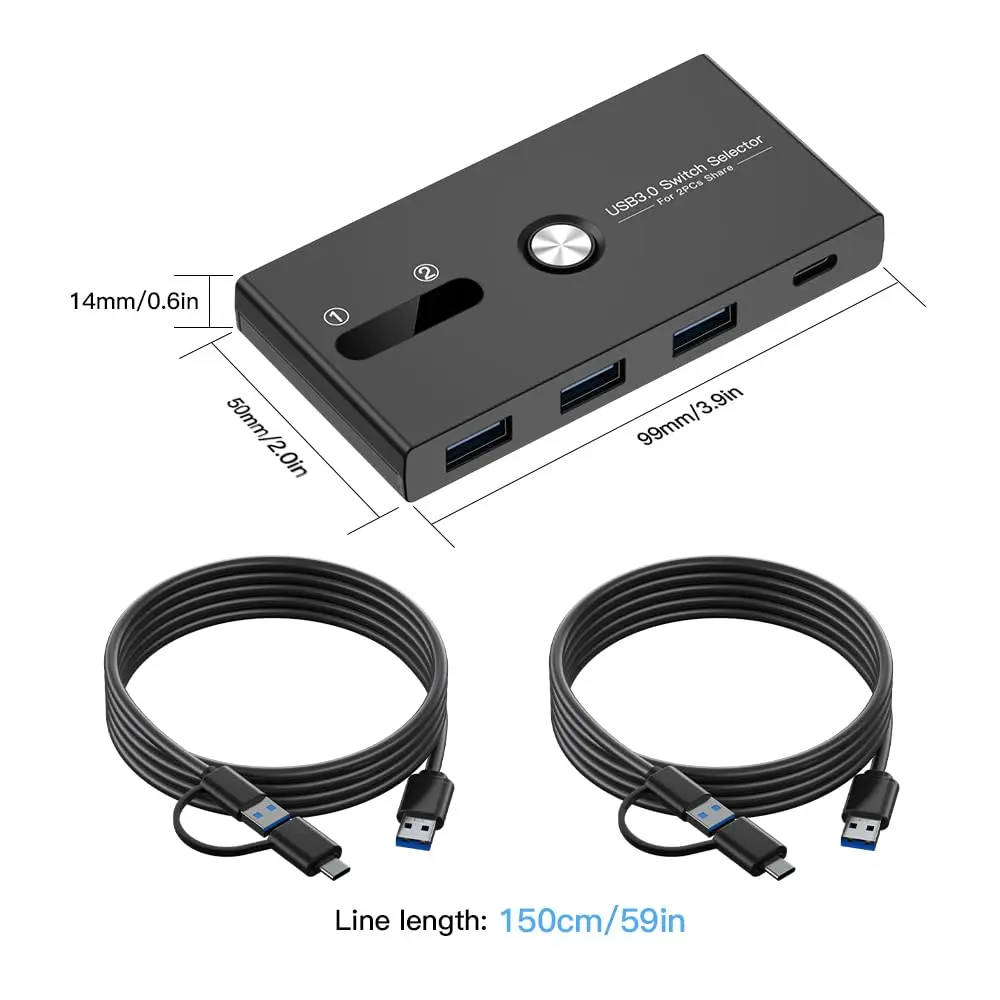 USB C Schakelaar&USB A Schakelaar 2 in 1 USB3.0 KVM Schakelaar 2 Computers Delen USB C-A Apparaten 4 Port Delen Toetsenbord en Muis/Printer/Scanner (Niet Ondersteuning Opladen/Monitor)