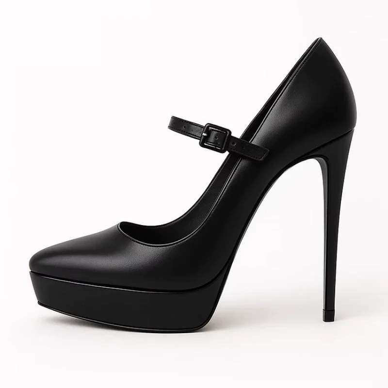 Spring new pointed scalp surface one-word buckle waterproof table single shoes banquet large size customized women's high heels