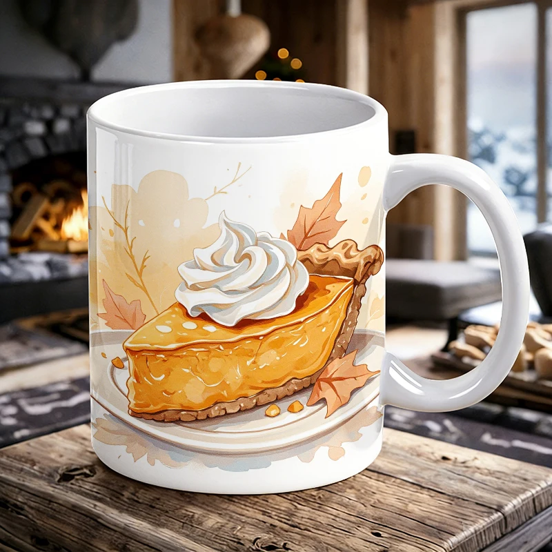 

11 oz pumpkin pie handle ceramic mug, full print pattern coffee cup, insulated milk cup, office water cup, fade-resistant