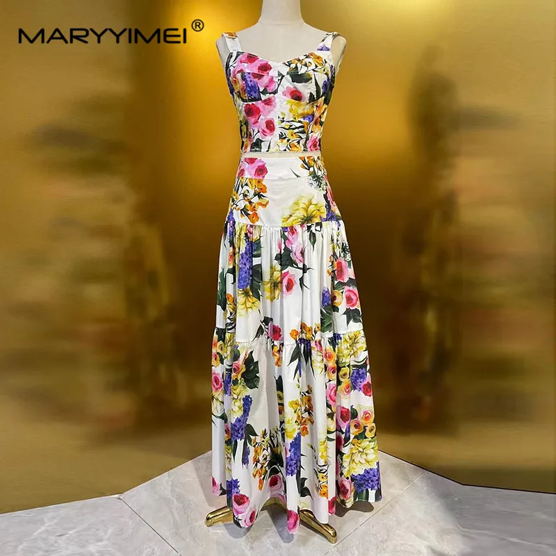 

MARYYIMEI Fashion Women's 2024 Spring New Poplin Spaghetti Strap Strapless Printed Shirt+Poplin Ball Gown Skirt 2-Piece Set