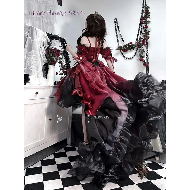 Dark bride red flower wedding dress cos lolita dress suit Lolita heavy industry Trail puffy princess dress, Lolita cosplay