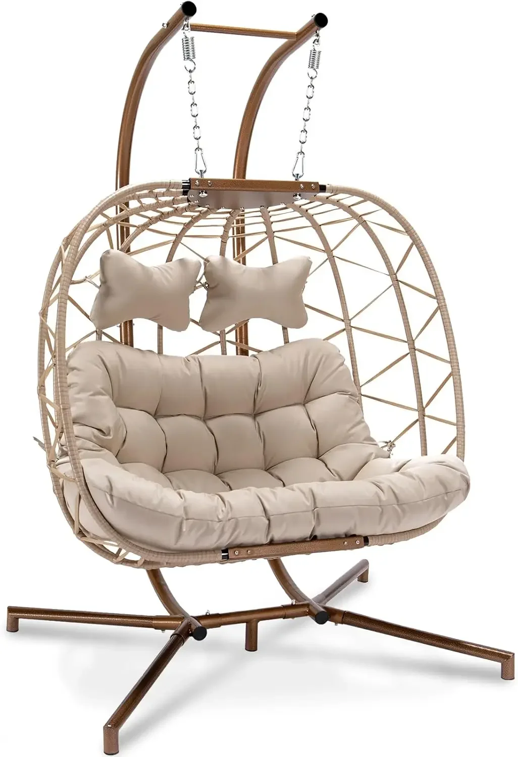 

%a Luxury 2 Person Wicker Swing double egg Chair with Stand, Rattan Wicker Hanging Egg Chair Hammock Chair with Cushion and Pil
