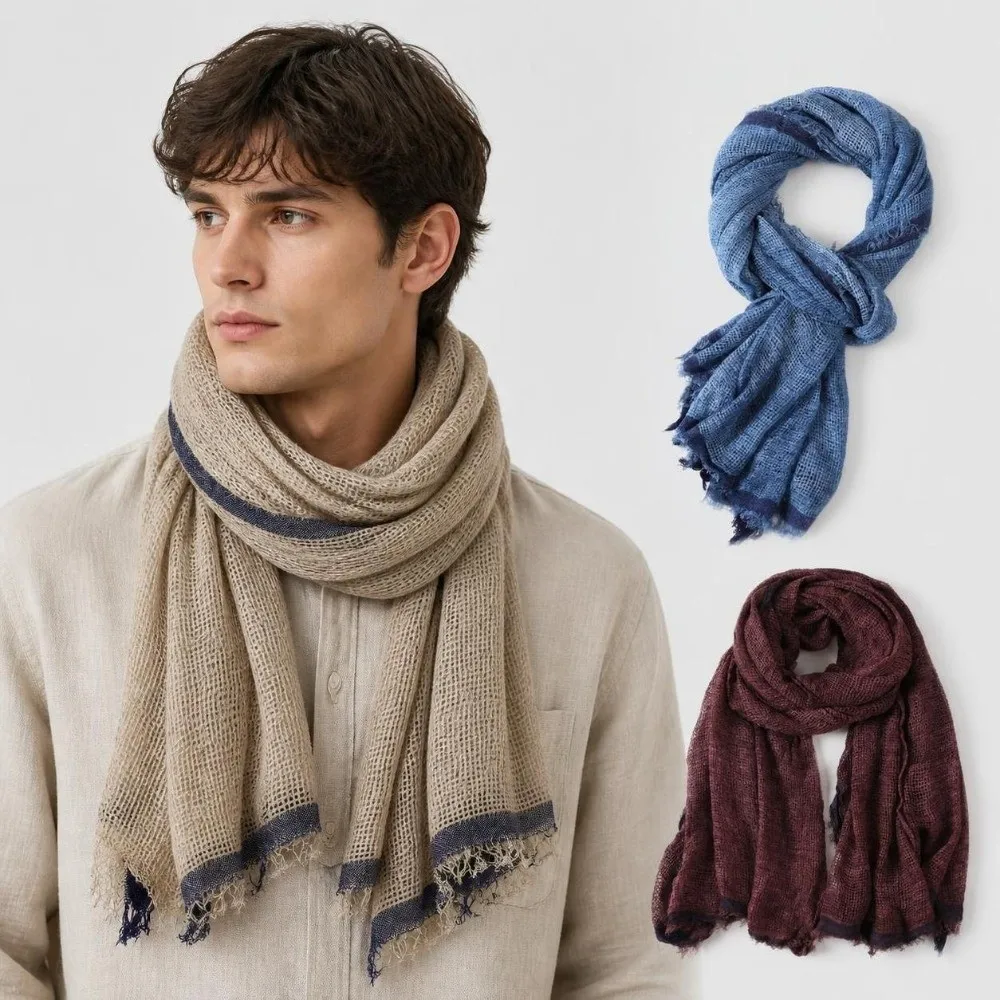 Cotton Linen Yarn-dyed Men's Scarves Bufanda Wraps Male Accessories Long Scarf Short Tassel Warm Scarf Autumn Winter Season