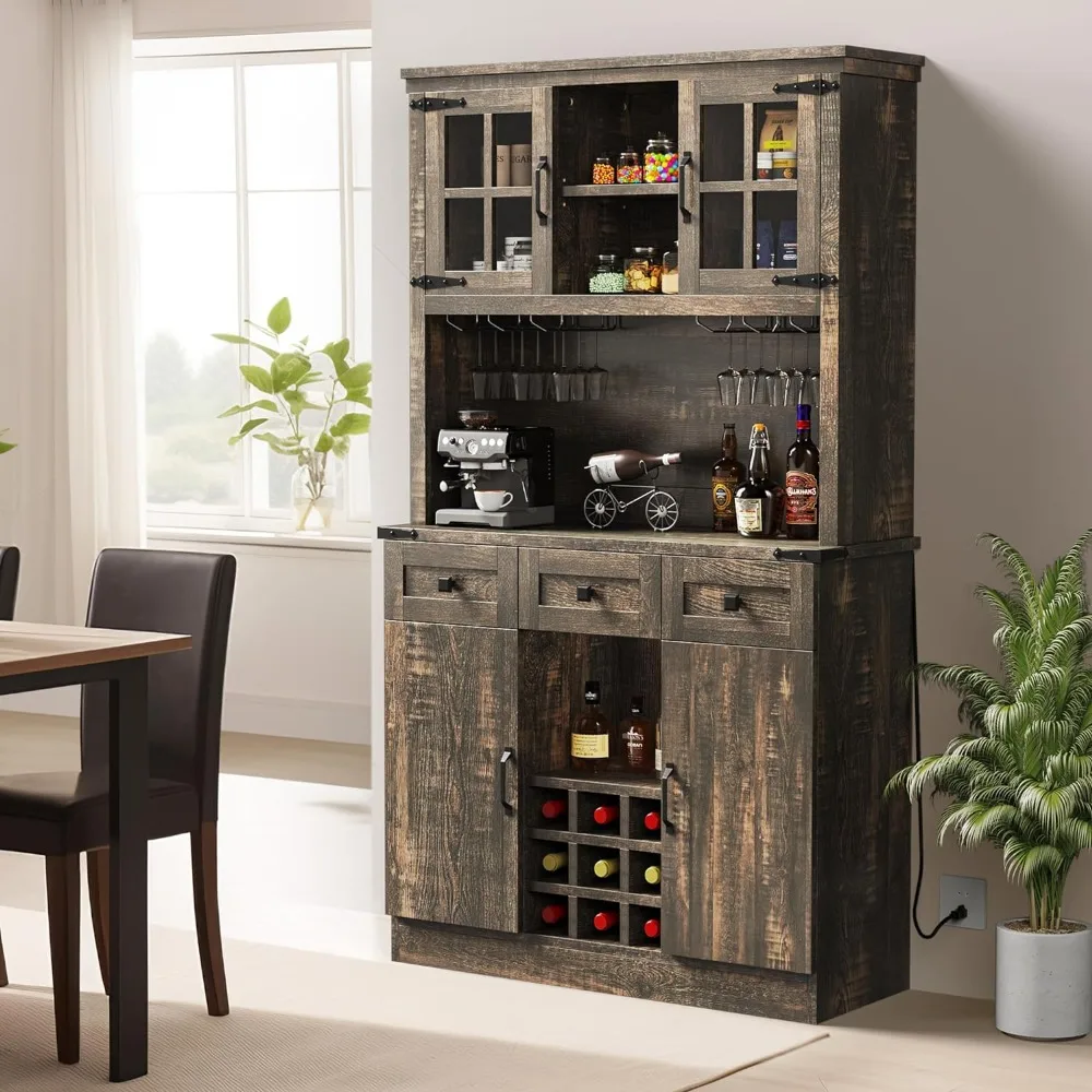 

Farmhouse Bar Cabinet with Power Outlet, 72" Buffet Cabinet with Storage Shelves and 3 Drawers, Liquor Bar Cabinet for Kitchen,