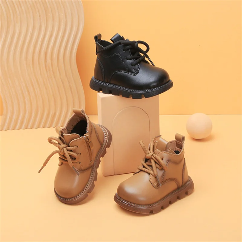 2024 New Autumn/Winter Baby Boots For Boys Leather Kids Ankle Boots With Short Fur Soft Sole Fashion Toddler Children Boots