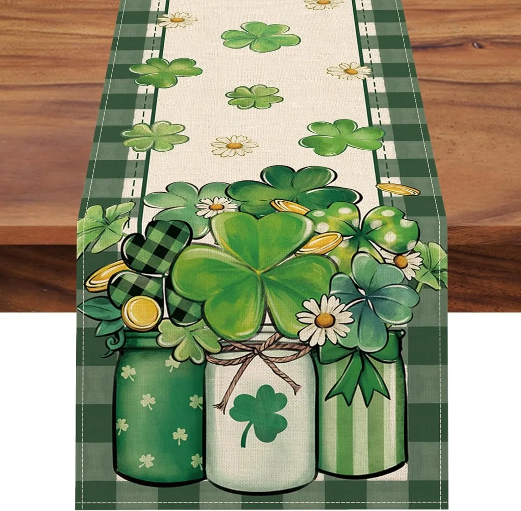 St. Patrick's Day Clover Table Runner, Shamrock Mason Jar Daisy Plaid Farmhouse Kitchen Dining Table Decor Indoor Outdoor Party