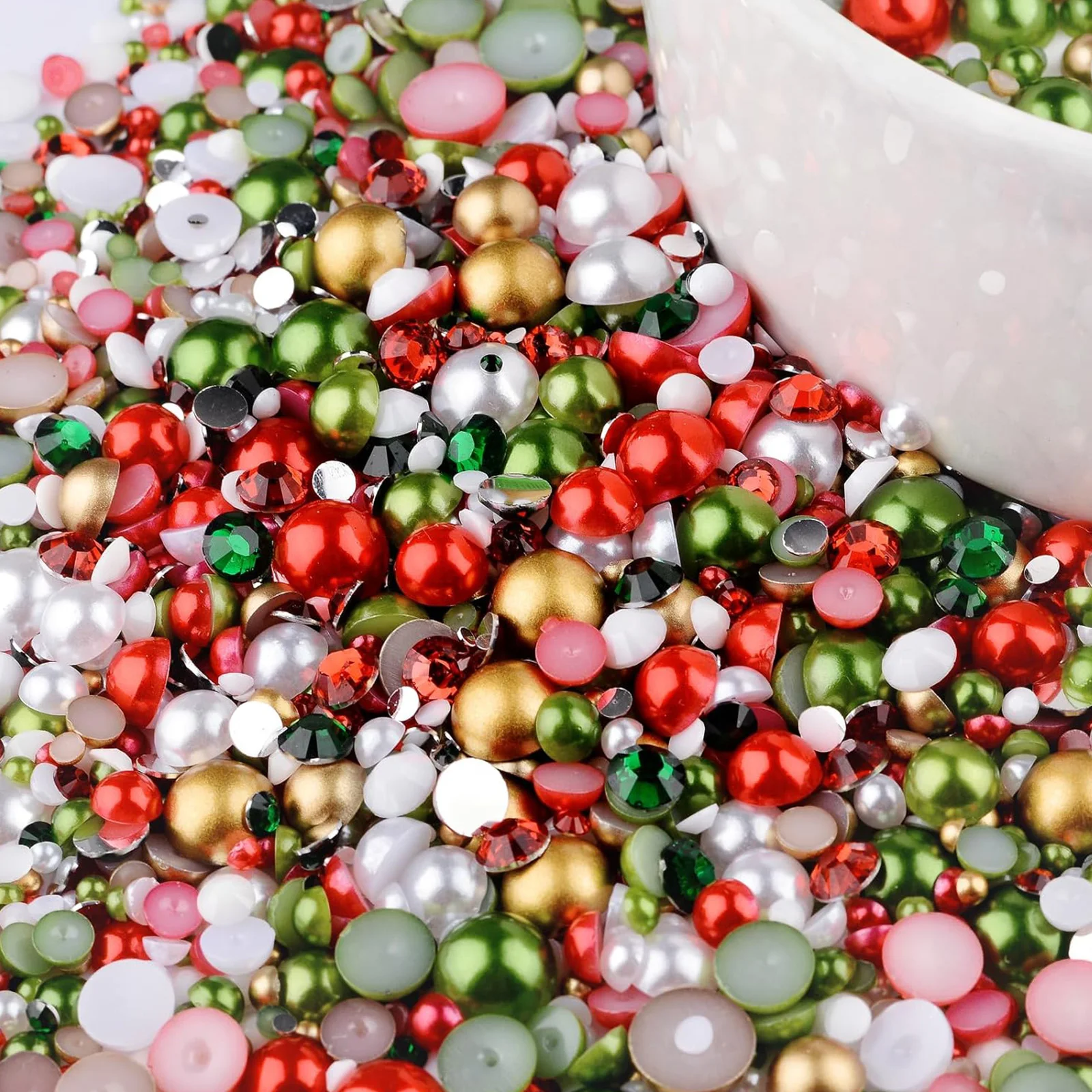 30g de perles et de strass mixtes rouge vert, strass plats et perles pour nail art, bricolage artisanal 3mm-10mm taille mixte