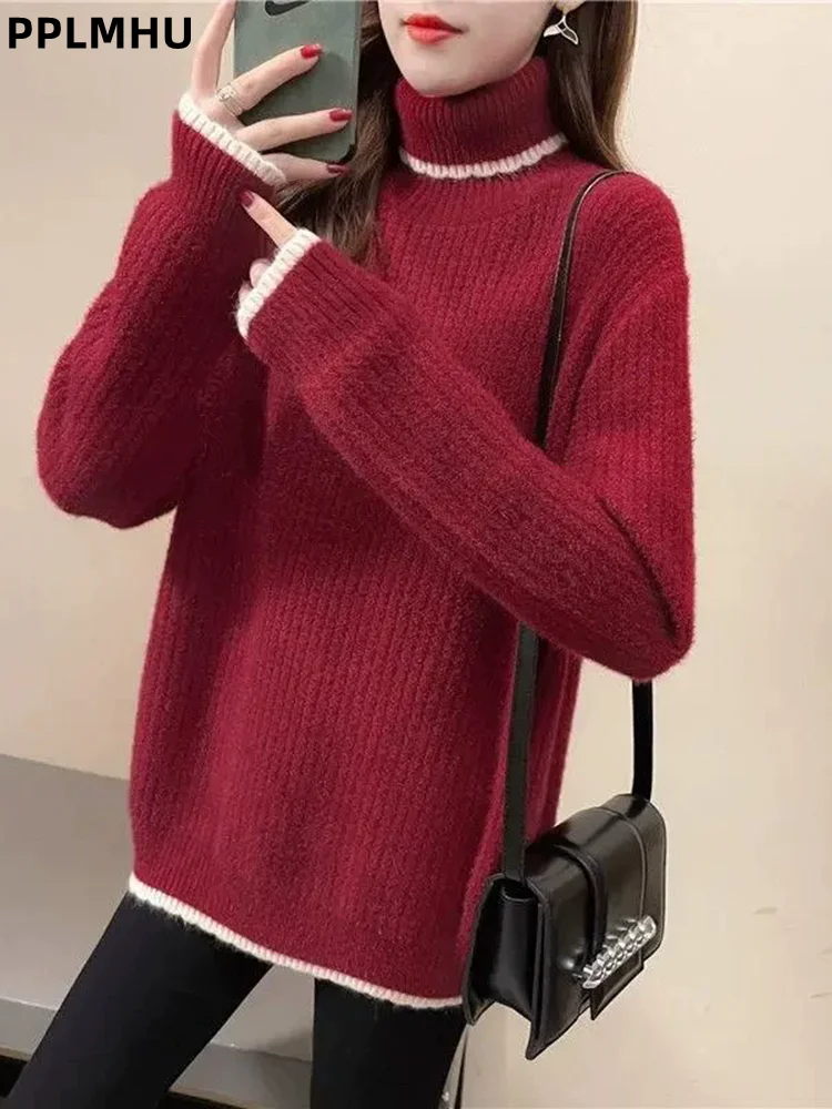 

Водолазка, толстый теплый вязаный свитер, женские повседневные лоскутные корейские модные джемперы со свободной подошвой, мягкие трикотажные пуловеры