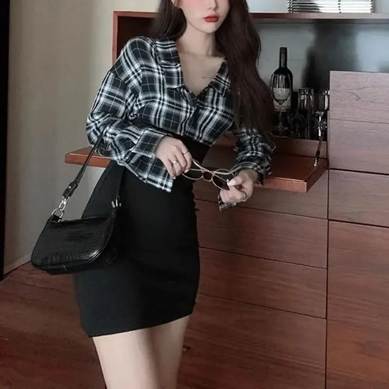 Korean Plaid Fashion Patchwork Dresses Autumn Long Sleeve Waist Slim Female Clothing Turn-down Collar Elegant Bag Hip Mini Dress