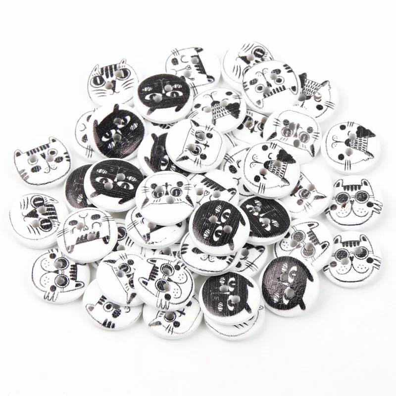 50pcs 15mm Cartoon Cat Wood Buttons Haberdashery Decorative Sewing Buttons For Clothing Needlework Material Sewing Accessories