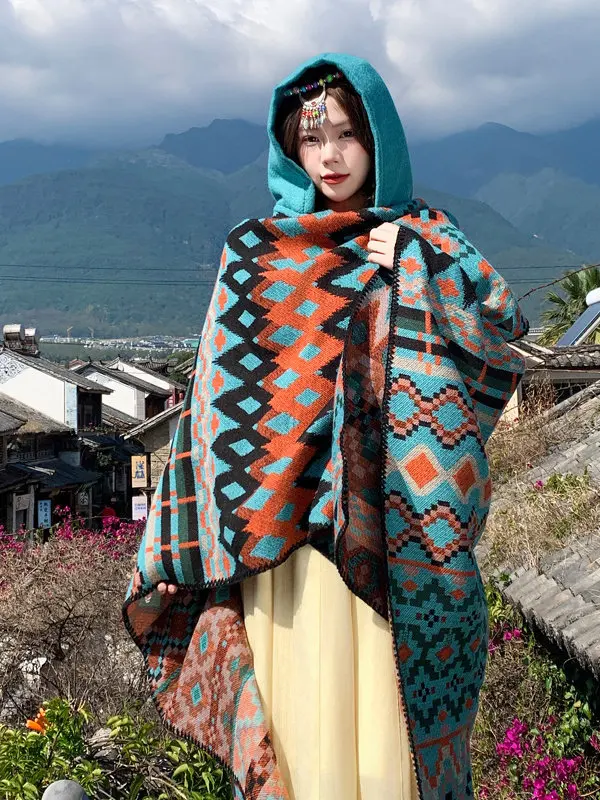 New Winter Women Poncho Warm Slit Large Shawl Double Sided Print Thickening Blanket Luxury Scarf Female Cloak Warm Pashmina D841