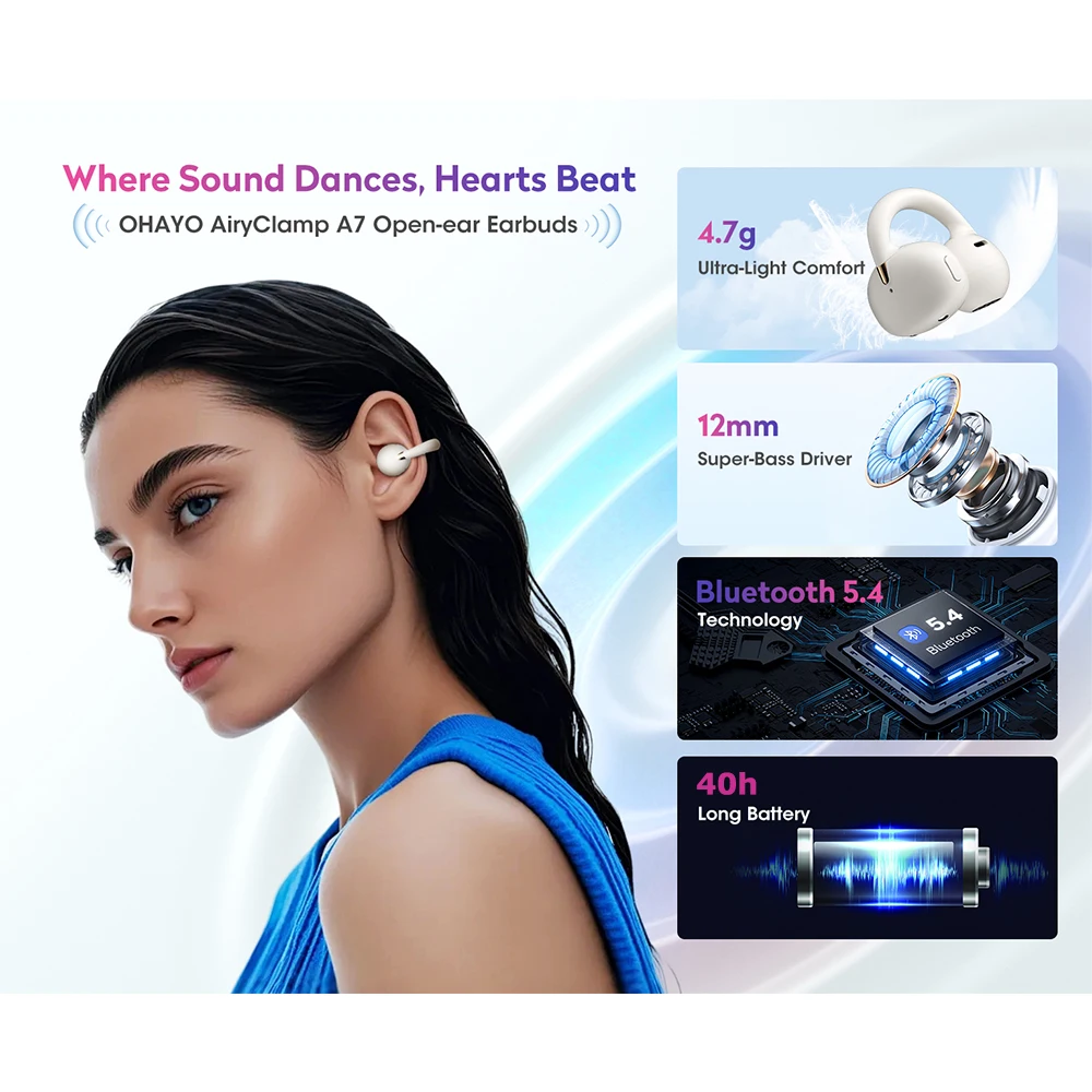 Ortizan OHAYO-A7 Clip-On-Ohrhörer, leichte, bequeme Open-Ear-Kopfhörer, kabellose Sportkopfhörer mit ENC AI 4-Mikrofonanrufen – Detail 3