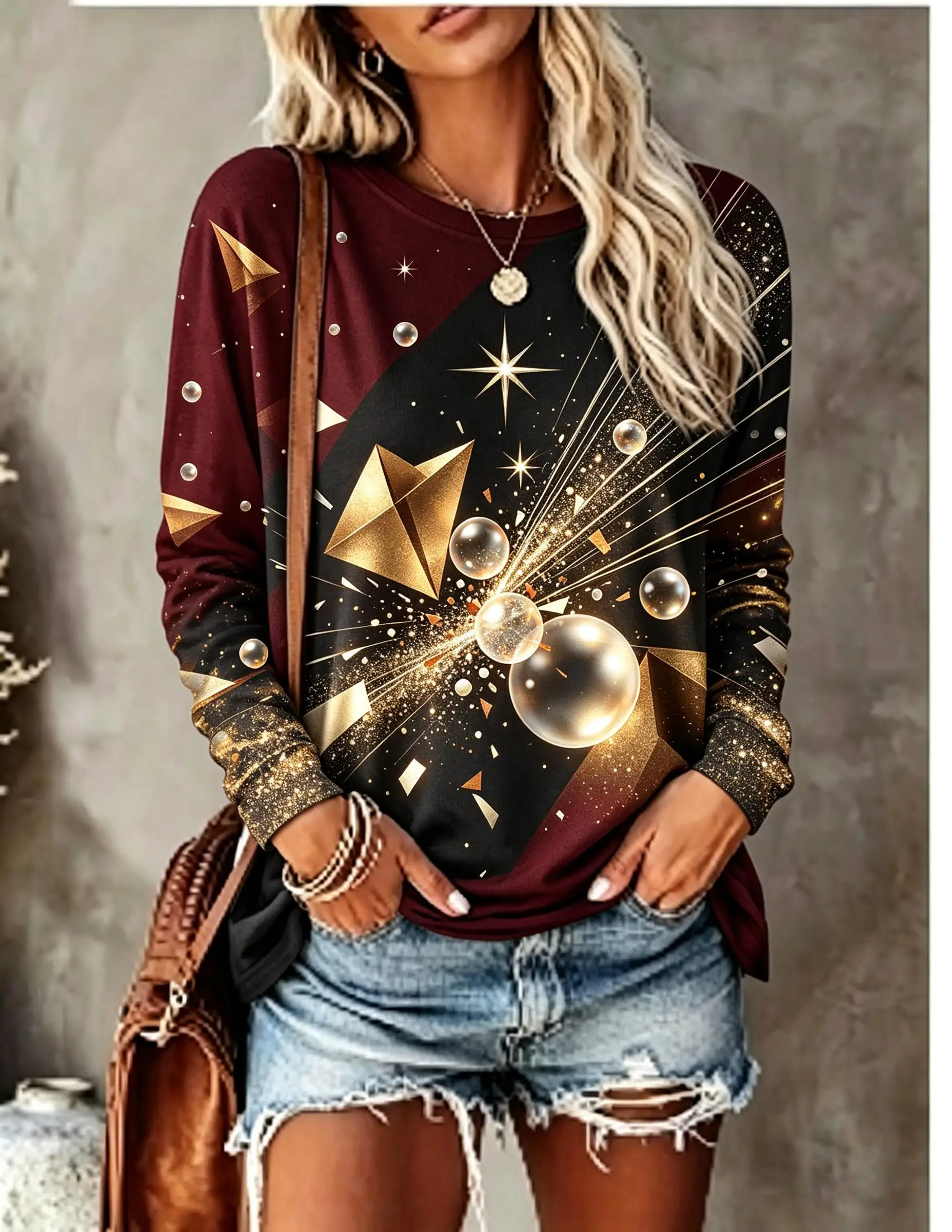 Women Long Sleeve T‑Shirt Golden Geometric Crystal Bubble Star Glitter Print Crew Neck Casual Tops