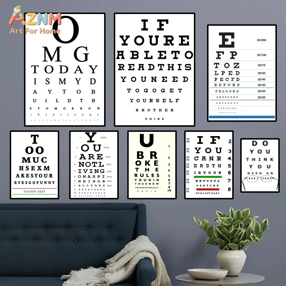 AZNM Funny Eye Chart Canvas Print Humorous Vision Test Typography Black White Text Unframed Canvas Wall Art Bar Home Optometry O