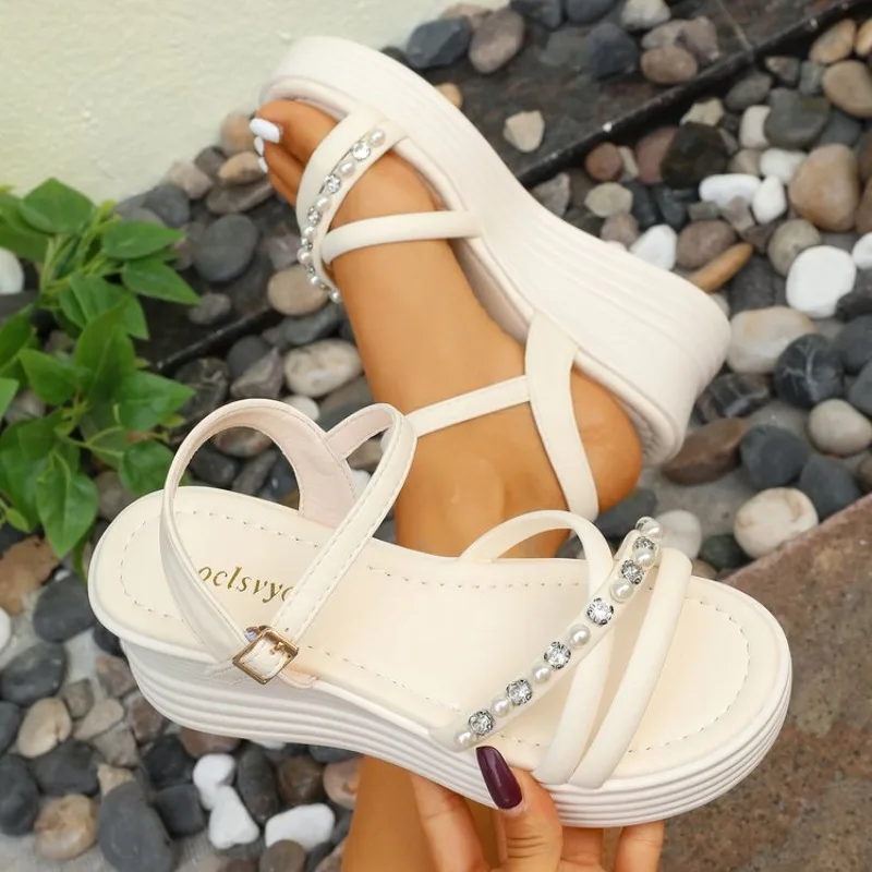 Women Trendy Platform Sandals Wedge Mid Heel PU Leather Open Toe Pearls Rhinestones Ankle Strap Casual Summer Beach Dress Shoes
