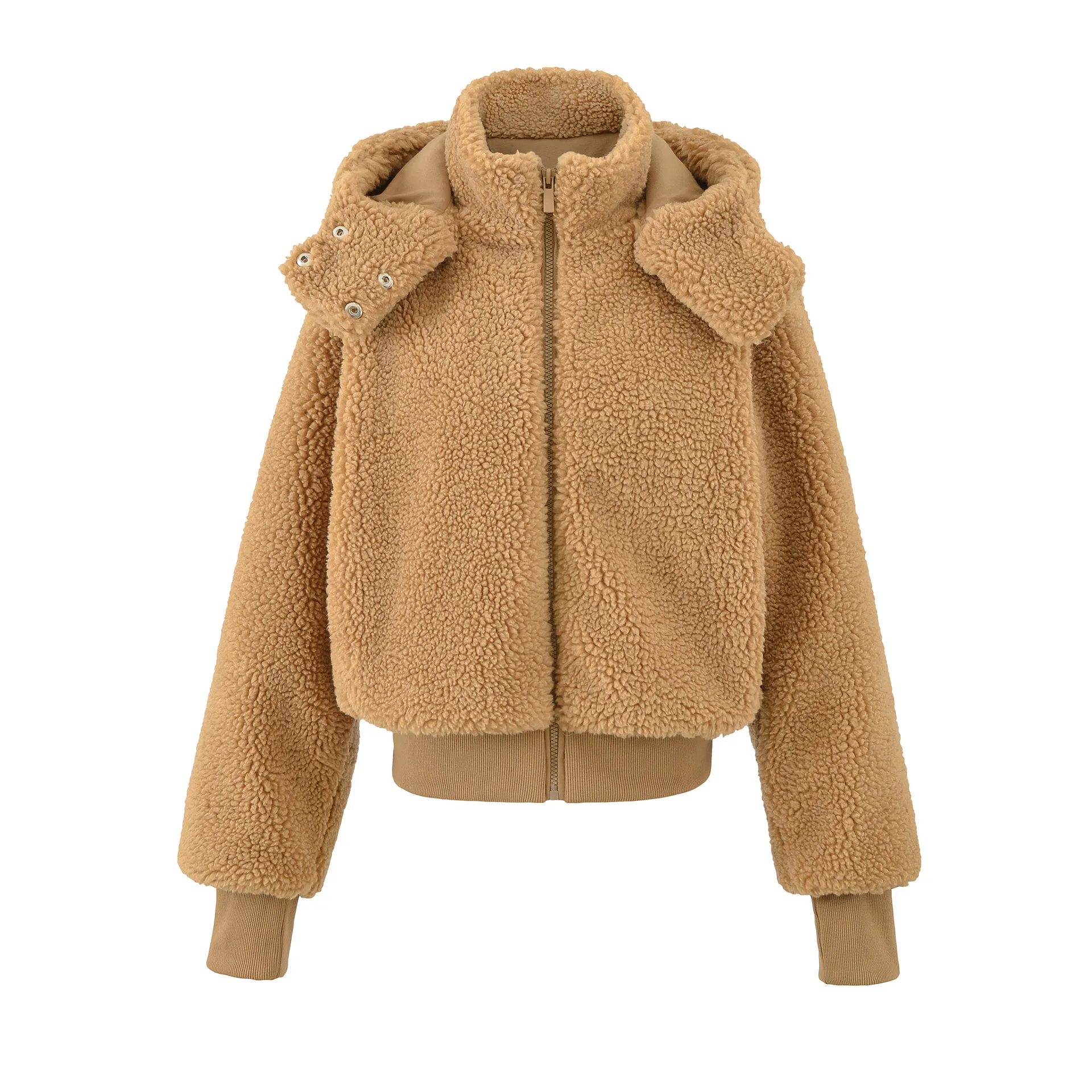 

DSMTRC New Full Sleeve Warm Sheepskin Fur Shorts Hooded Zipper Jackets for Women Winter Solid Fashion Outwear Daily Commute Coat