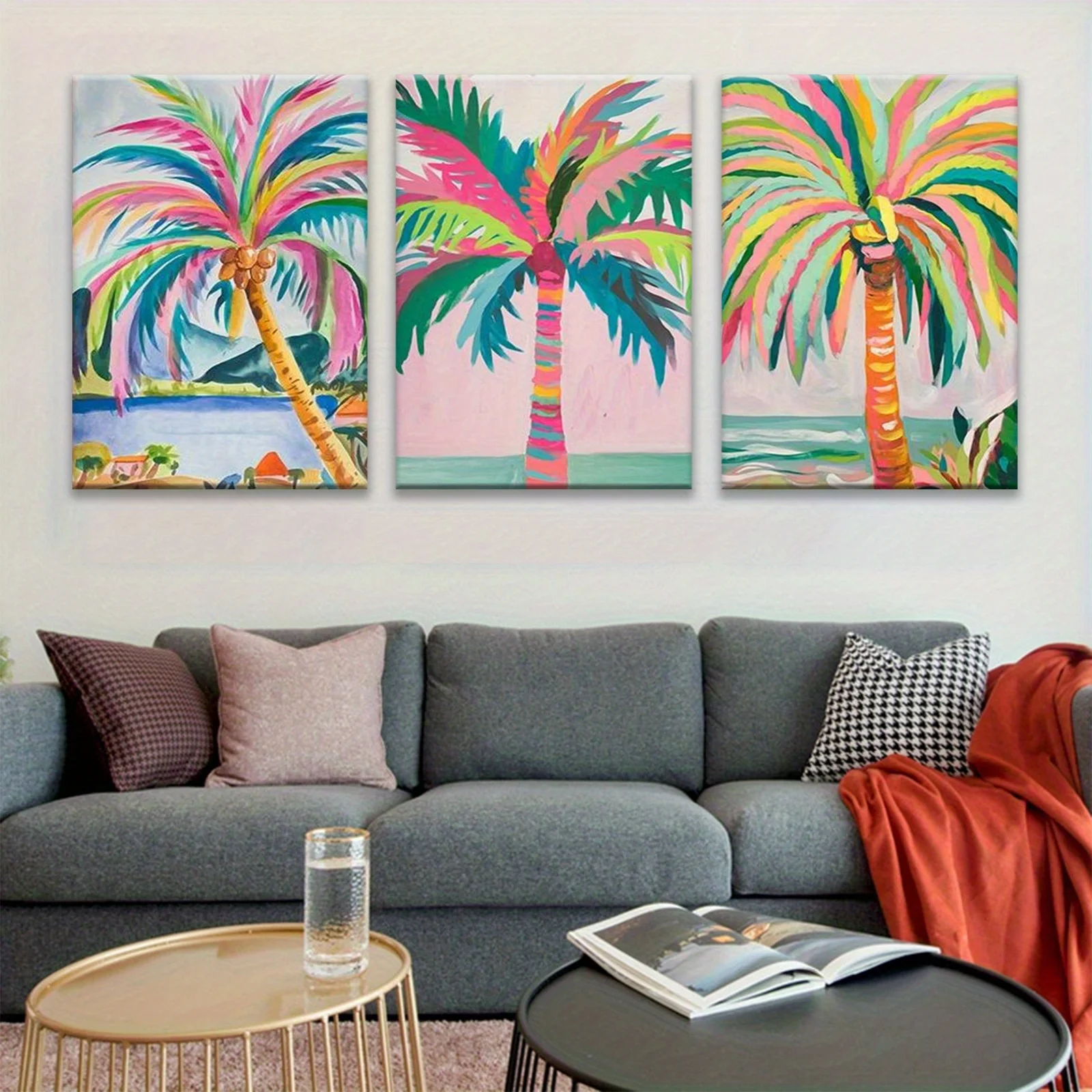 3pcs Vibrant palm tree themed canvas wall art  paintings for indoors perfect gift for Valentine's Day, President's Day, Mardi