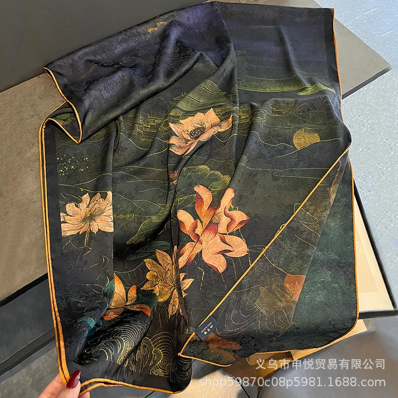 وشاح طويل راقِ على الطراز الصيني للنساء ، شاش سحابي عتيق ، طباعة زهرة لوتس ، شال مزدوج الوجهين اللون