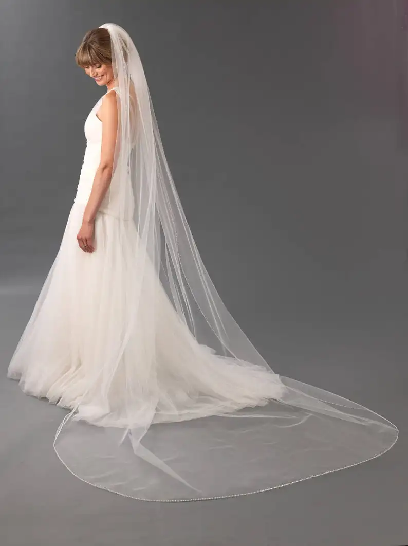 Cathedral Crystal Bridal Wedding Veil, Delicate Pearl Edge Wedding Veils Fingertip, Floor Chapel  long bridal veil with comb