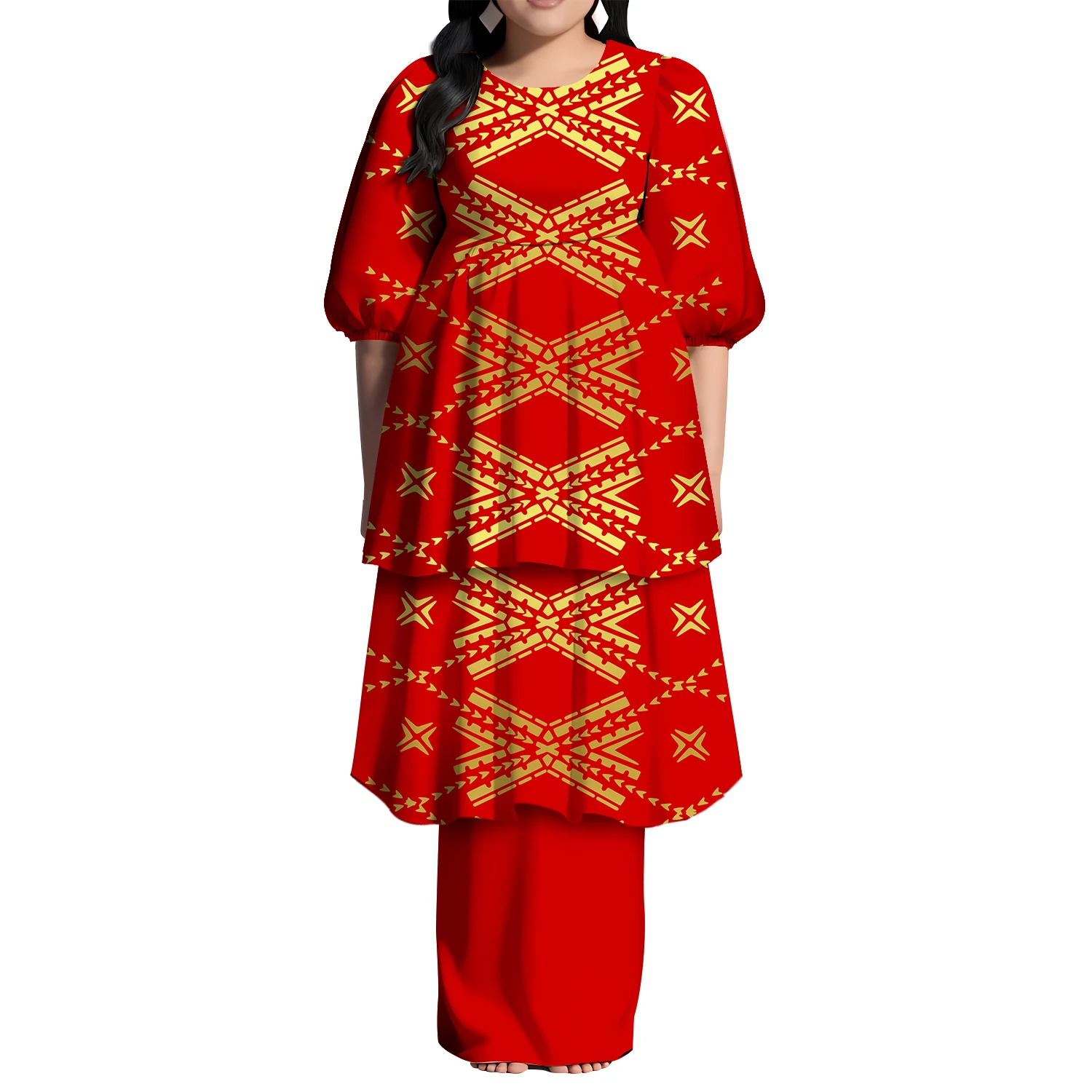 Recién llegado, vestido largo azul con volantes Puletasi, diseño personalizado de estilo Hawaiano, vestido de manga corta, vestido Tribal polinesio para mujer, 2 piezas