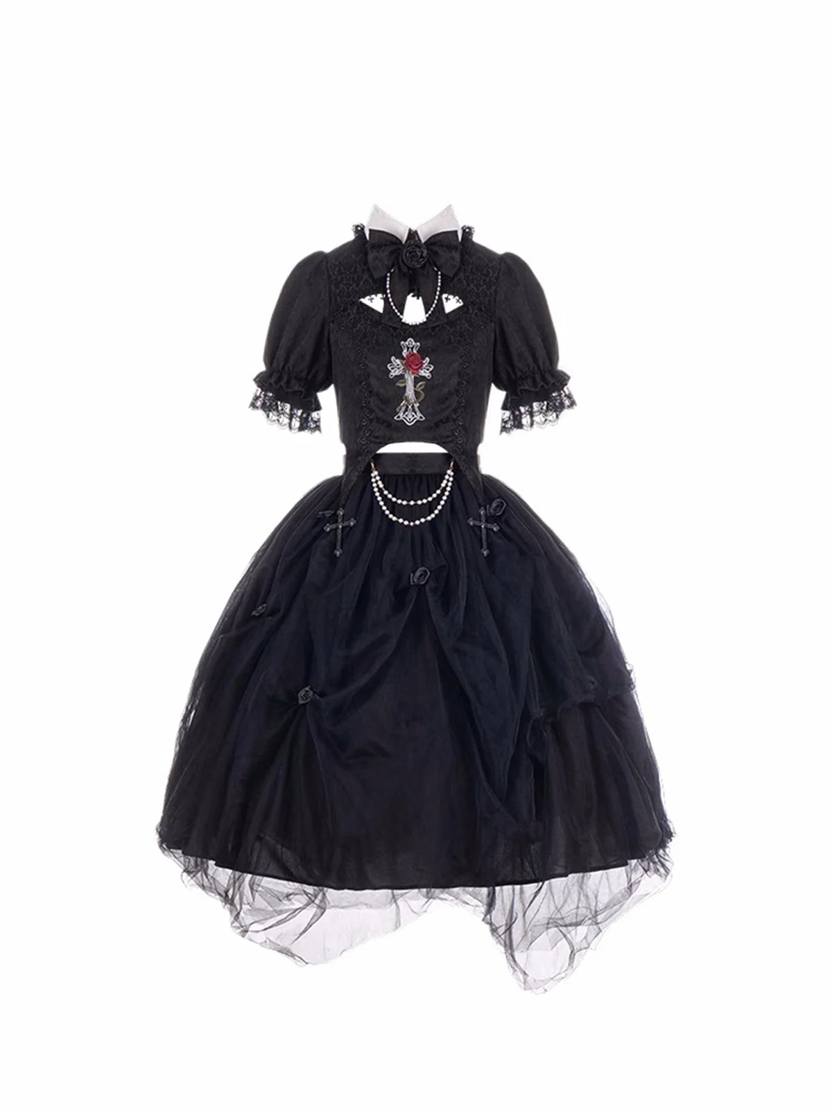 French Vintage Elegant Gothic Style Cosplay Lolita Sweet Girls Op Dark Embroidery Cross Rose Flower Pearls Chain Tunic Dress