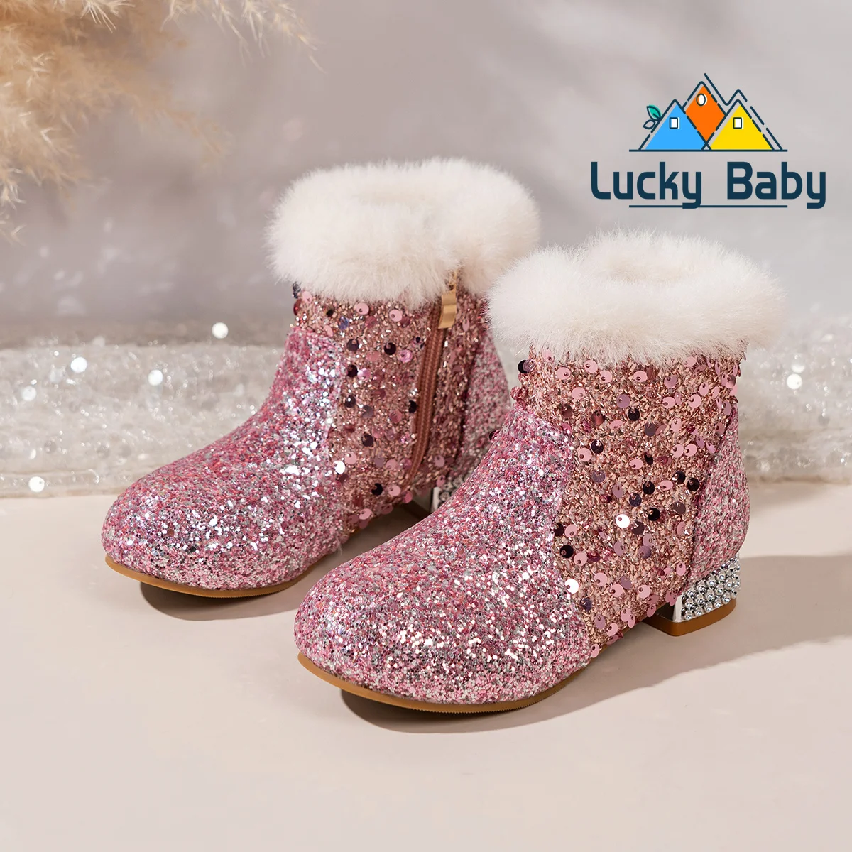 Girls Glitter Sequin Winter Dress Boots Kids Furry‑Cuff High‑Heel Princess Short Boots Children Plush Lined Party Shoes