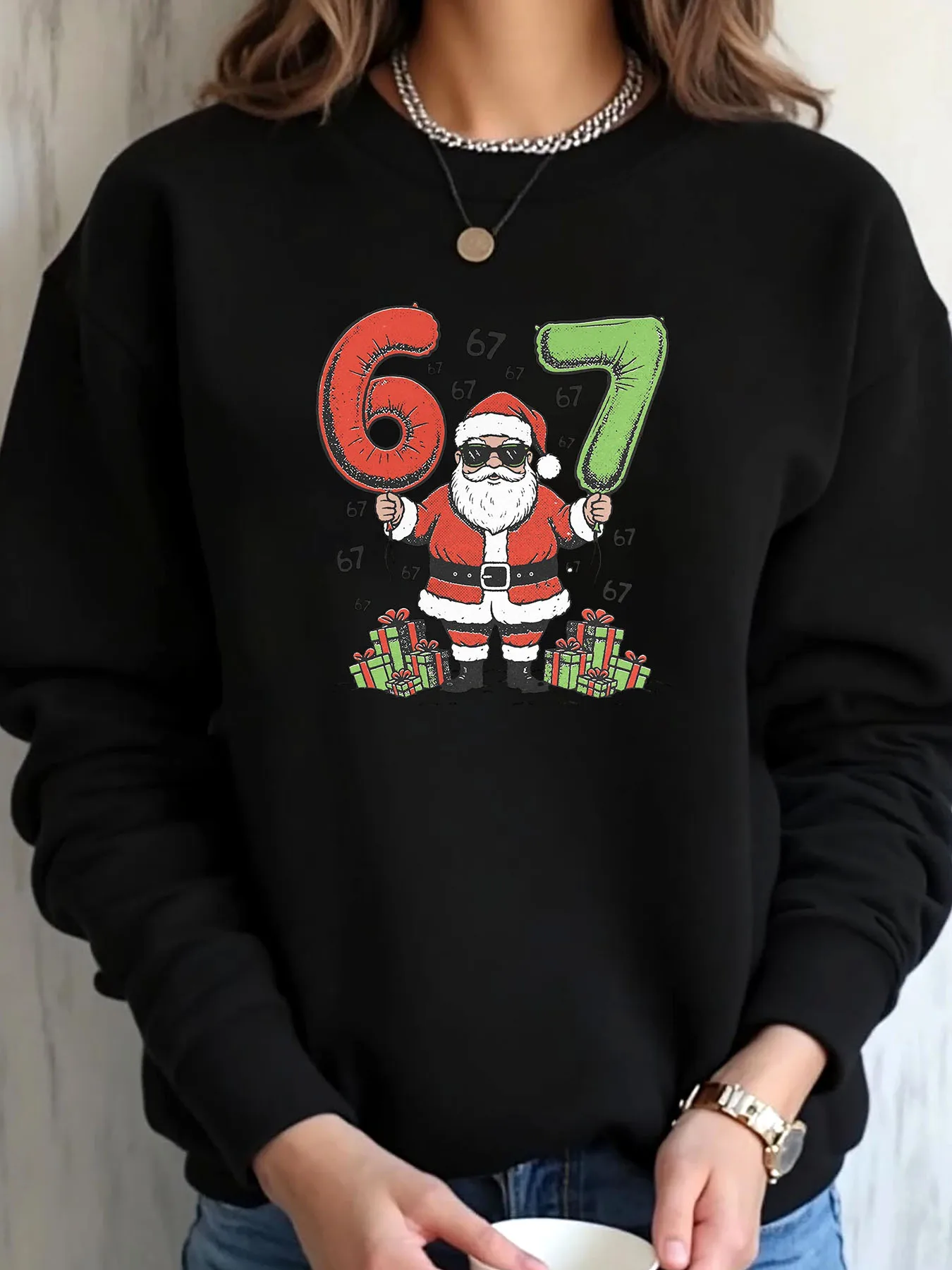 سويت شيرت نسائي مقاس كبير لعيد الميلاد سانتا كلوز بطباعة رقم 67 ملابس خارجية #1
