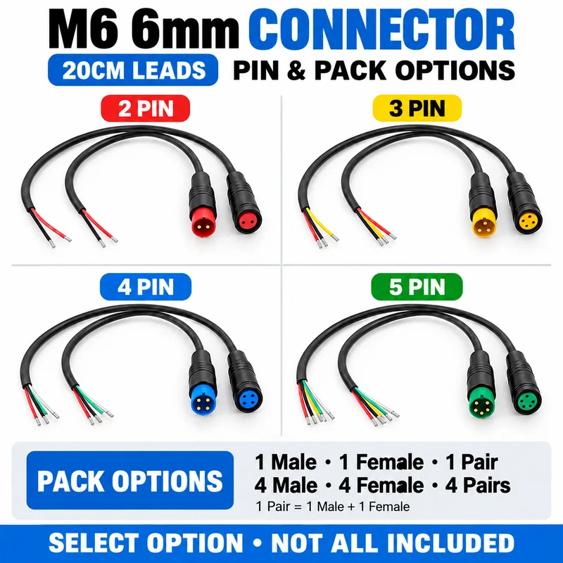 M6 2 3 4 5 Pin Connector Cable 20CM Male Female Plug Leads for Electric Bicycle Scooter Brake Signal Sensor Wiring Pack Options