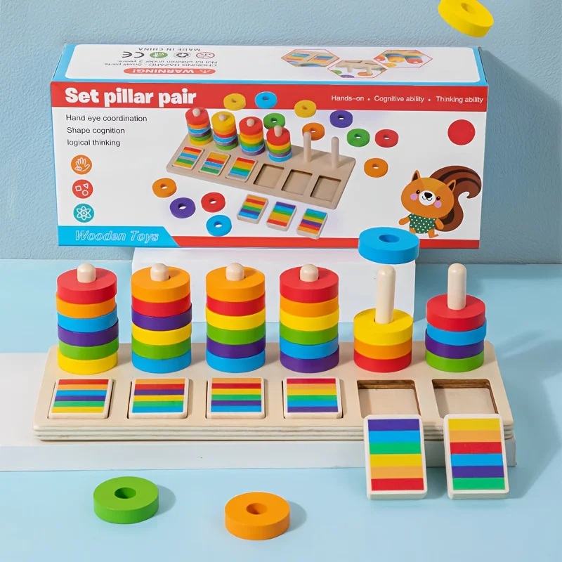 Montessori houten regenboogstapelset |   Kleursortering en geheugen bijpassende pegboard |   Voorschoolse vroege educatie STEM-speelgoed