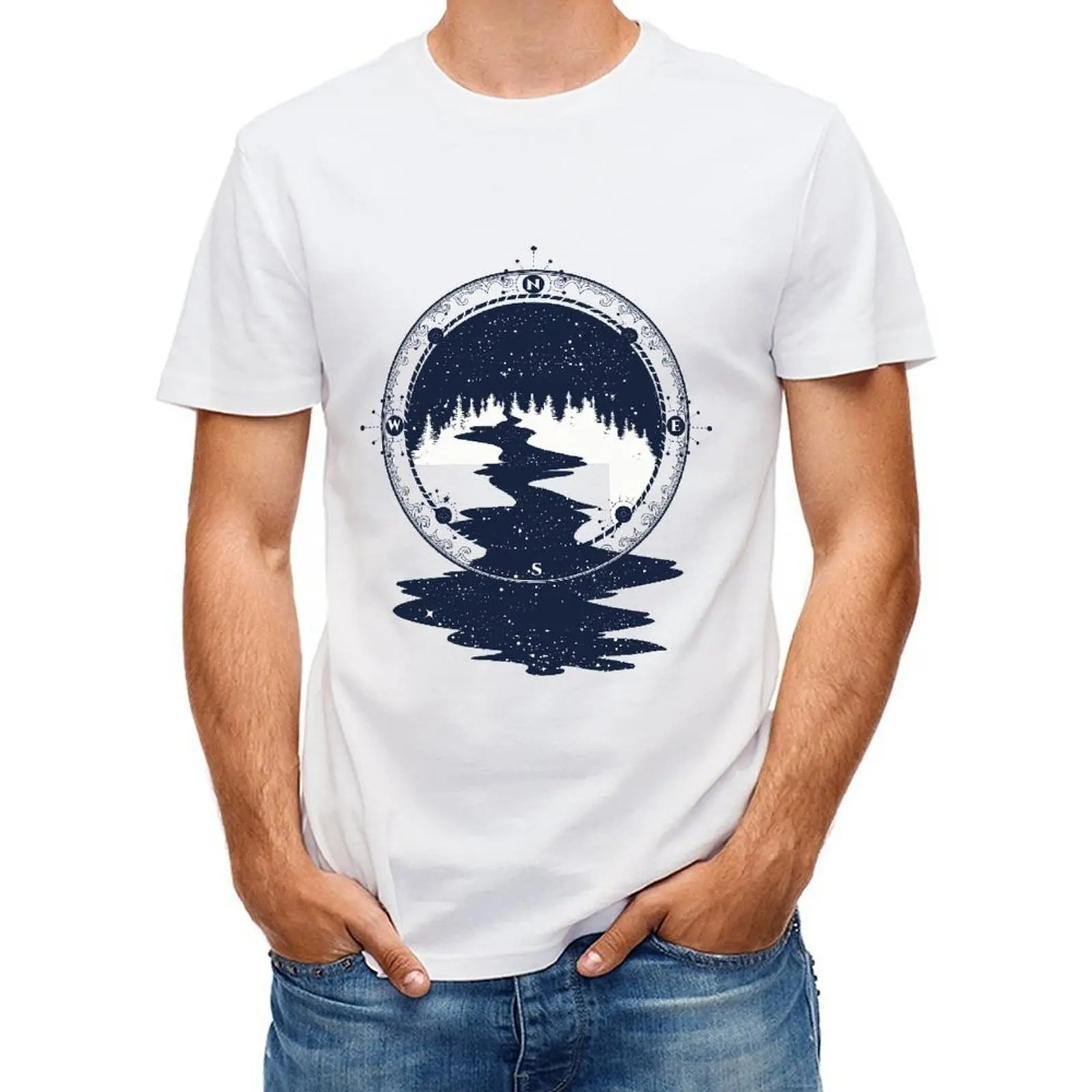 Unisex Compass Starry Forest Lake Graphic T Shirt Nature Wanderlust Aesthetic O-neck Short Sleeve Casual Streetwear Couple Tees Tops