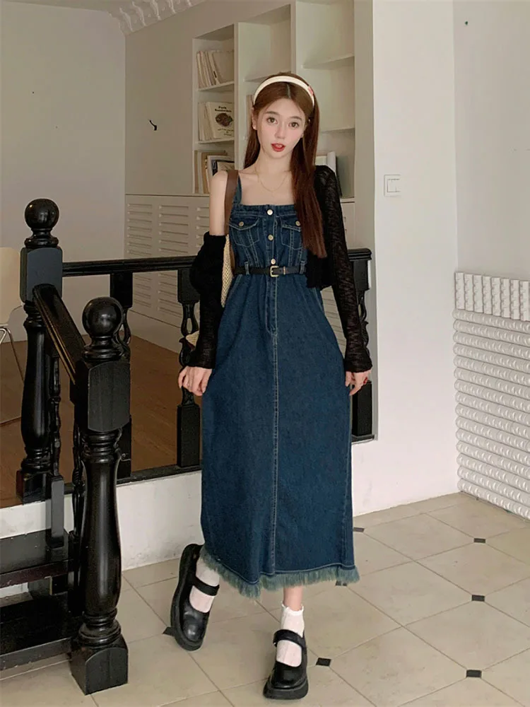 Suspender Denim Dress Paired Blouse Set Separately 2024 Summer V Neck Puff Sleeve Top Back Elastic Waist Dress