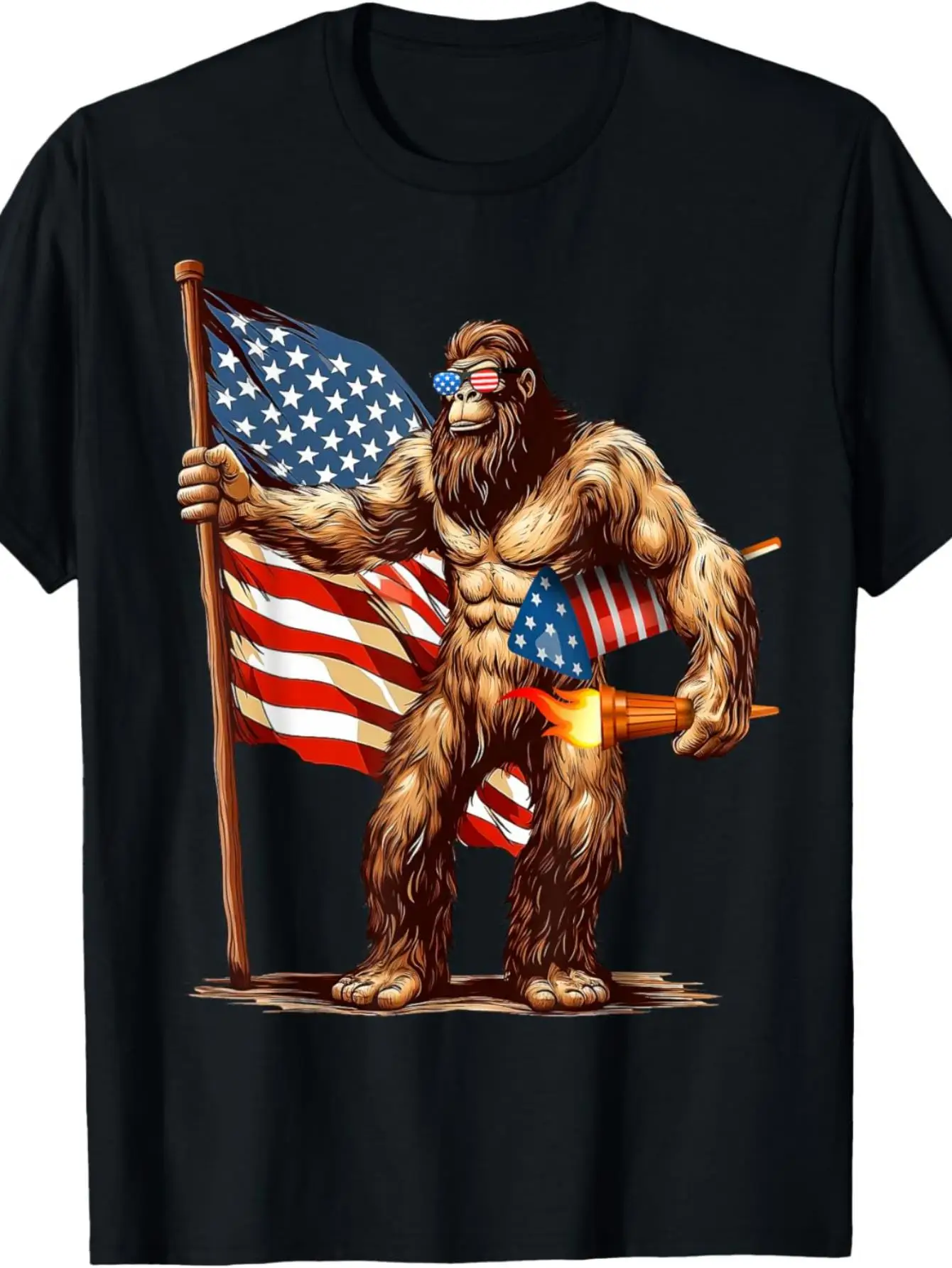 Plus Size Men'S 4Th of July Patriotic Sasquatch And Fireworks Graphic T-Shirt - Breathable Crew Neck Tee with US Flag Design, Regular Fit Casual Summer Top for Independence Day Celebrations (Black), Classic Crew Neck, Comfortable Tshirt