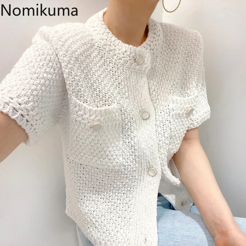 Nomikuma Korean Causal Women Knitwear Short Sleeve Single Breasted O-neck Knitted Coat 2023 New Fashion Cardigan Jacket 6B154