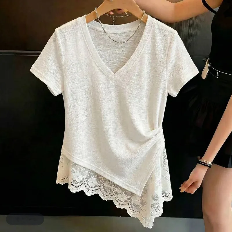 Women Lace Short Sleeve T-Shirts V-neck Collect Waist Asymmetrical Hem Splicing T-Shirt Loose Straight Shoulders Breathable Top