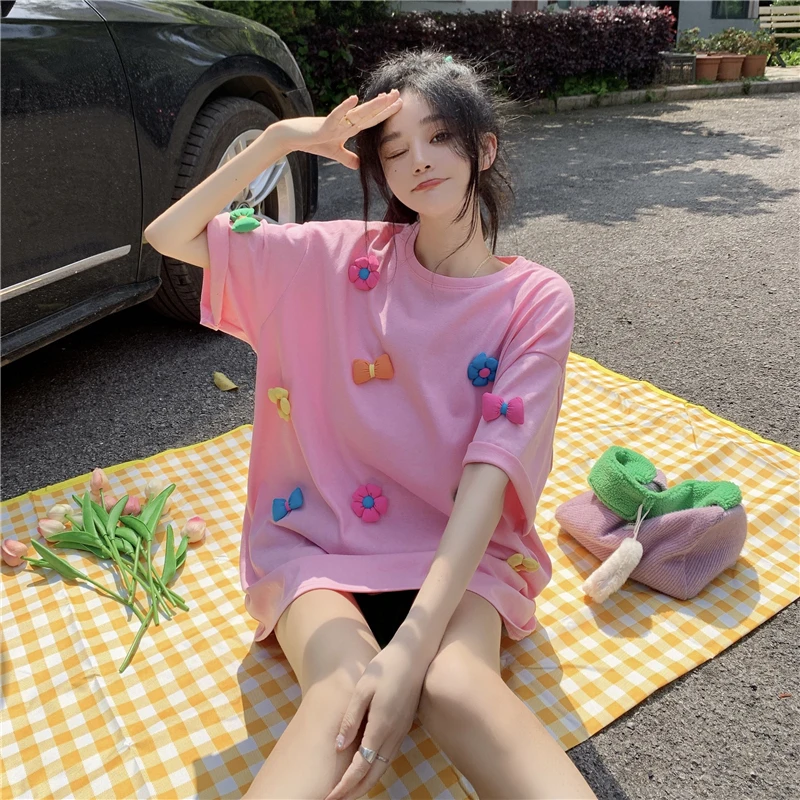 Women Short Sleeve T-shirts Sweet Girls Summer Loose 3D Flower Lovely Trendy Tops Students Soft Ulzzang Tees Females 2023 Newest