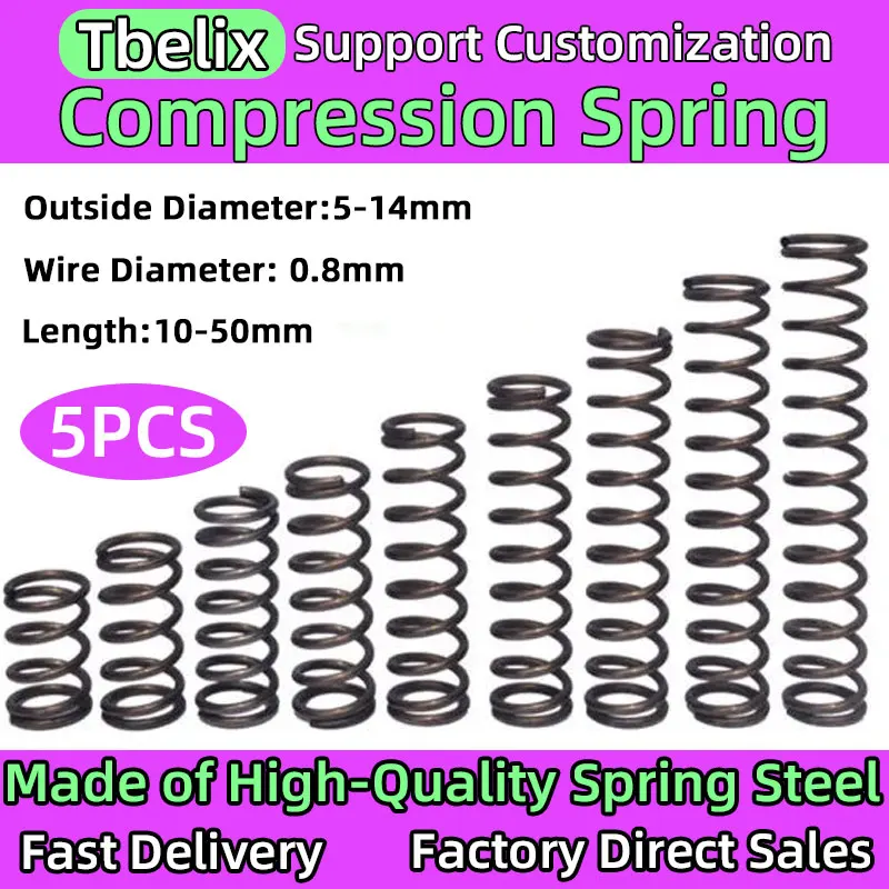 

Tbelix Wire Diameter 0.8mm 5PCS Compression Coil Spring Return Spring Steel Pressure Springs Tools Outside Diameter 5-14mm