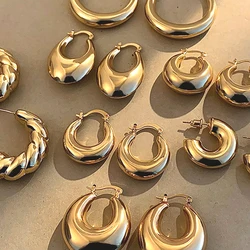 2023 New 18K Gold Plated Smooth Metal Chunky Hoop Earrings Retro Thick Huggie Earring for Women Round Circle Statement Jewelry