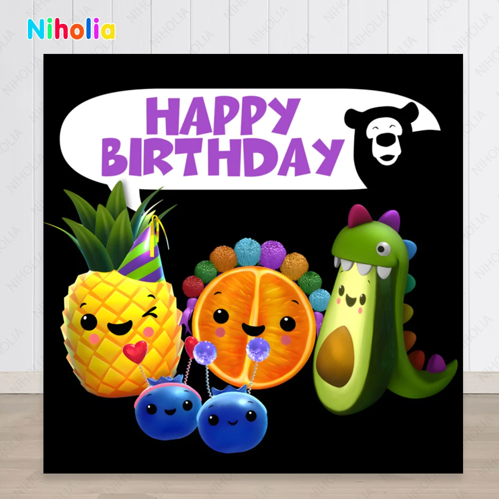 NIHOLIA Hey Bear Sensory Fruits Photo Backdrop Custom Birthday Photography Background Vinyl Polyester Decor Banner